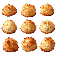 Coconut Macaroons Delight: Nine golden-brown coconut macaroons, baked to perfection and artfully arranged, beckon with their tempting texture and sweet aroma, inviting a moment of pure indulgence.