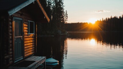 Fototapeta premium Lakeside cabin at sunset (1)