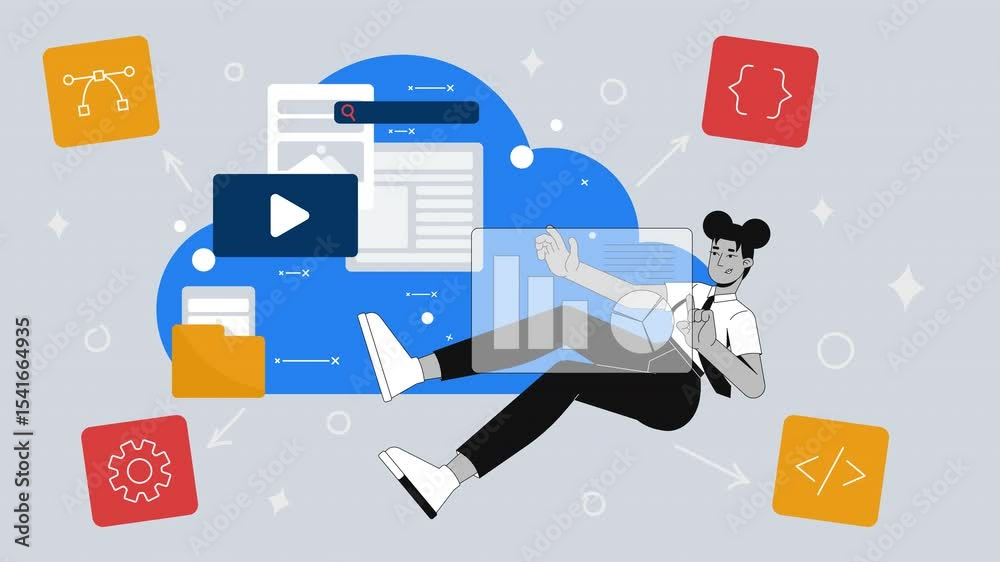 Poster cloud-based web development 2d animation concept. black woman developer floating amidst programming 