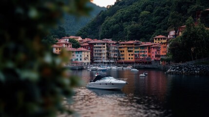 Fototapeta premium Colorful harbor town, boat, mountains, evening view