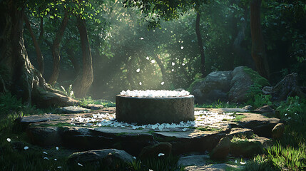 Obraz premium A mystical forest clearing features a stone altar showered with white petals, illuminated by a gentle beam of sunlight, creating a serene and sacred ambiance.