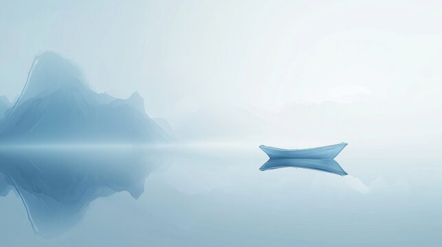 Abstract Blue Form with Folded Paper Boat Floating on Misty Surface