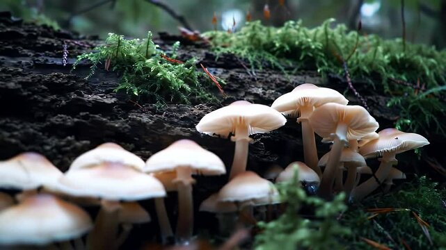 Closeup view of delicate mushrooms growing on a dark mossy forest tree trunk