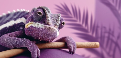 Purple chameleon with detailed textured skin rests on a branch, vivid close-up, creative portrait, exotic reptile in pink and violet environment, concept of uniqueness, fantasy, nature, wildlife.