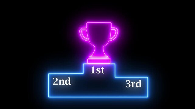 Glowing neon line winner trophy podium with 1st, 2nd, and 3rd place icon animation. glowing neon Trophy Award icon on Stand
