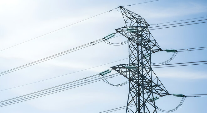 Network of powerlines and electrical towers conveys strength of modern energy systems. High-voltage setup ensures continuous electricity generation and delivery