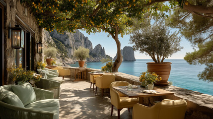 A café with lemon trees and a view of the sea in Italy. Italian summer atmosphere. A cinematic view of a coastal café with a terrace overlooking the turquoise Mediterranean Sea