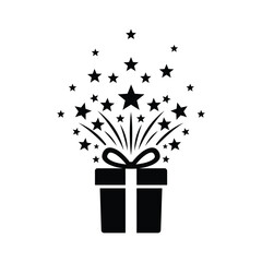 Black Silhouette Gift Box Exploding Stars White Background Vector Icon