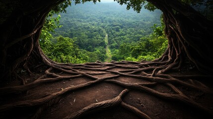 View of a dense green forest from a cave entrance framed by large tree roots spreading across the ground.