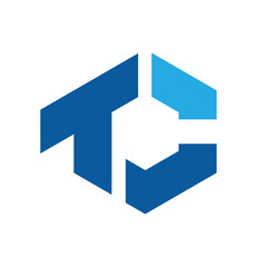 The image shows a flat monogram logo design of an initial letter TC in blue color in hexagon shape that looks clean and modern on a white background
