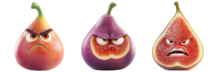 Set of cute fig fruit with angry face isolated on a transparent background