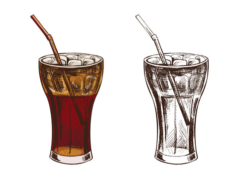 Hand drawn vintage sketch of cold soda drink in glass with straw, in color and monochrome version, vector illustration
