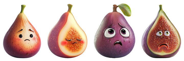Set of cute fig fruit with crying face isolated on a transparent background