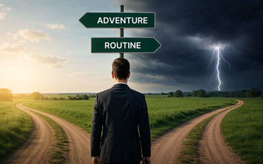 Businessman choosing between two paths labeled adventure and routine, crossroads depicting decisions and choices in life, concept of decision making and change in business or personal journey career