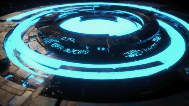 high-tech scene showcasing a complex circular structure composed of multiple concentric rings, each intricately engraved with glowing alien glyphs and symbols. 4k video