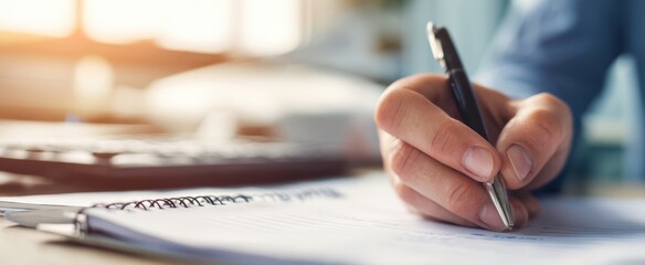 The hand writing notes with a pen on paperwork at an office desk