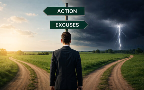 Businessman facing crossroads with action and excuses signs, symbolizing strategic decision making under stormy and clear skies, conceptual landscape of choices and implications, business concept