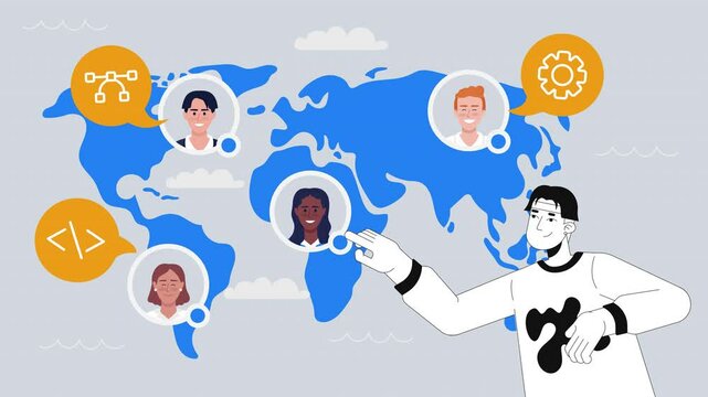 Global software development and jobs outsourcing 2D animation concept. Recruiting talent. World map with diverse developers remote team animated cartoon flat metaphor creative 4K video stop motion