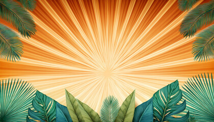 Obraz premium tropical festival poster design template with sunburst rays and palm leaf patterns on a retro style background