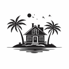 Obraz premium A house on a small island with palm trees in the background vector image on white background.