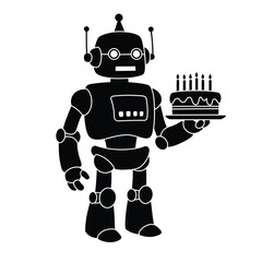 Black Silhouette Robot Holding Birthday Cake White Background