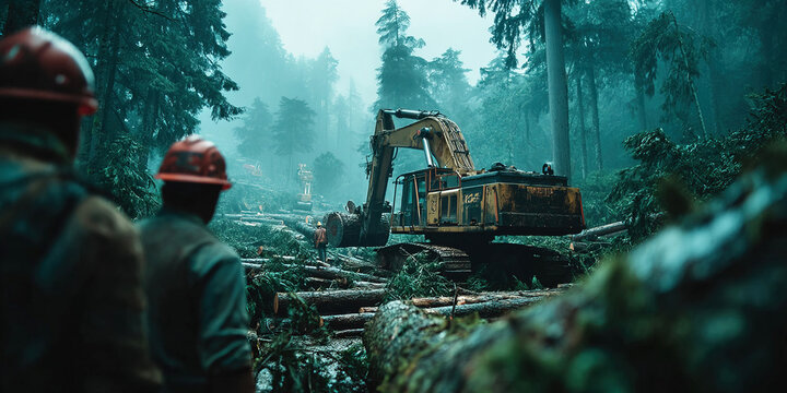 Logging operation in a dense jungle with machinery and workers cutting trees - Powered by Adobe