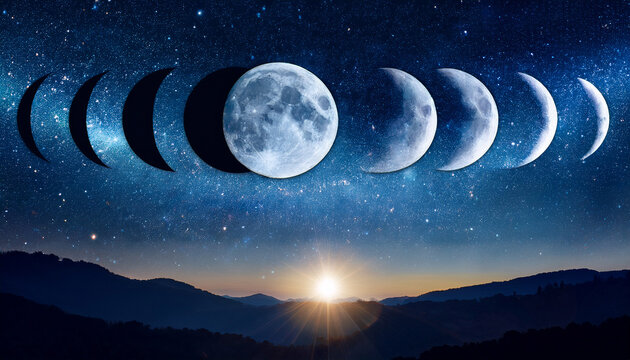moon phases over starry night sky background astronomy and astrology conceptual scene esoteric magic celestial signs lunar annual calendar symbol for 12 months or minimalist clock shape orbit - Powered by Adobe