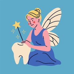 Tooth fairy with wings, magic wand, big tooth. Сute magic character. Hand drawn Vector illustration. Isolated design element. Medical cabinet, children dentist, first tooth lost concept