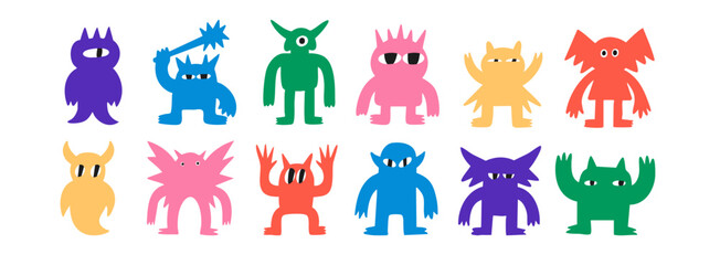 Abstract little colorful Monsters or fantastic animals. Various quirky funny creatures. Cartoon childish style. Cute characters. Hand drawn trendy Vector illustration. Isolated design elements