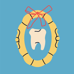 Tooth in frame with ribbon. Hand drawn modern Vector illustration. Isolated design element. Medical cabinet, children dentist, first tooth lost concept. Sticker, logo, print template