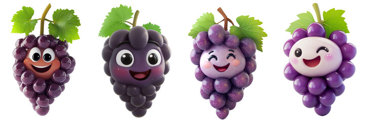 Set of cute grape with smiling face isolated on a transparent background