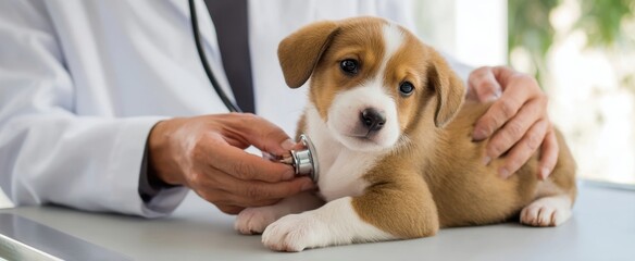 The adorable puppy receiving care from a compassionate veterinarian during a health check-up.