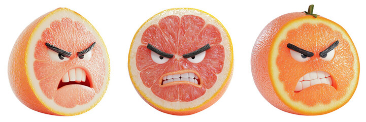 Set of cute grapefruit with angry face isolated on a transparent background