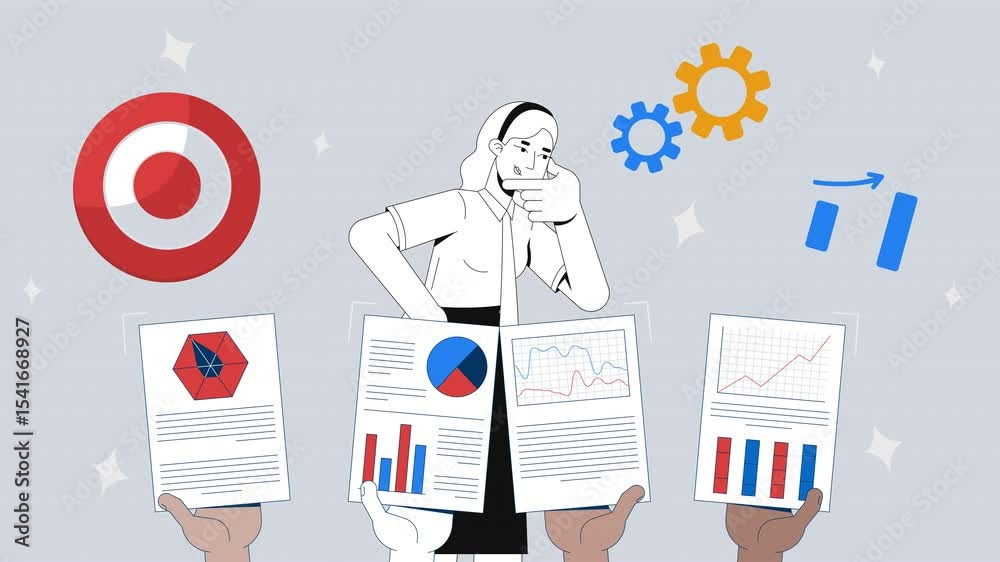 Poster data-driven decision making and business analytics 2d animation concept. kpi analysis efficiency. pe
