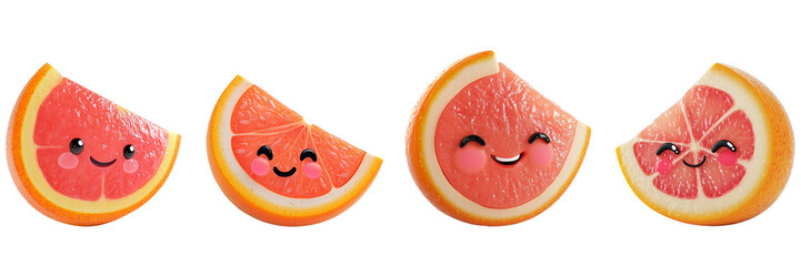 Set of cute grapefruit with smiling face isolated on a transparent background