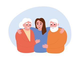 Daughter with her elderly parents together. Different generations are happy, care and love for gray-haired old people. Vector flat graphics.