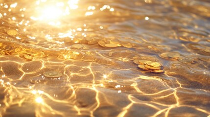 Golden Coins Glittering in Shallow Water Under Sunlight