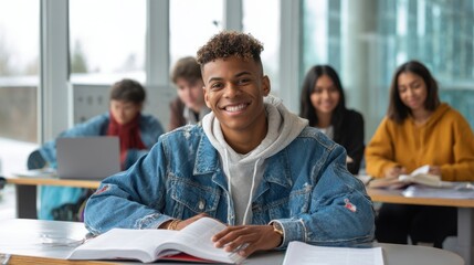 The engaged student smiling confidently in a vibrant learning environment.