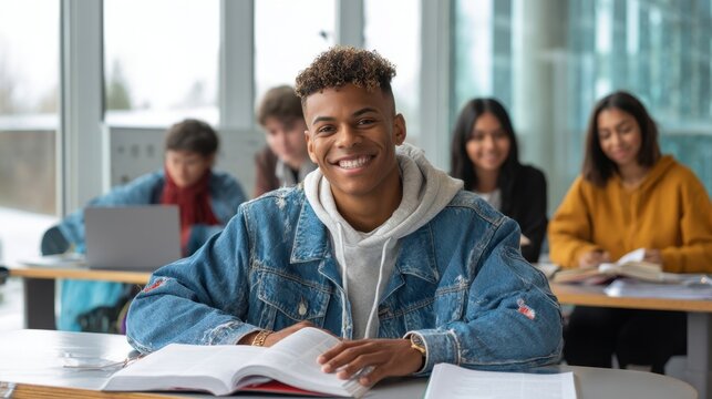 The engaged student smiling confidently in a vibrant learning environment.