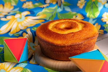 Festa Junina, a typical Festa Junina table in Brazil with cake and accessories, Selective focus.