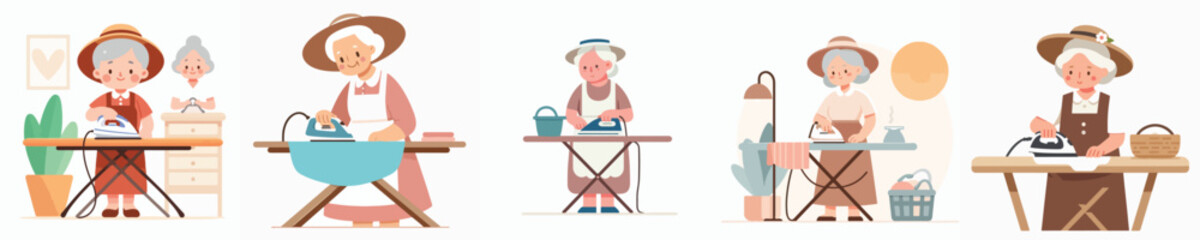 vector character grandmother ironing clothes