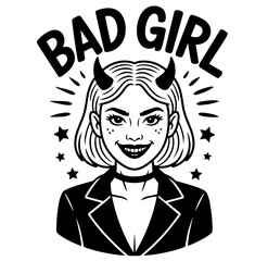 Young Woman Smiling with Devil Horns and “Bad Girl” Text. Edgy Feminine Rebellion