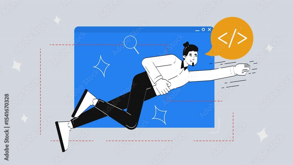 Poster superhero coder flying out browser window 2d animation concept. freelance programmer superpower. bac