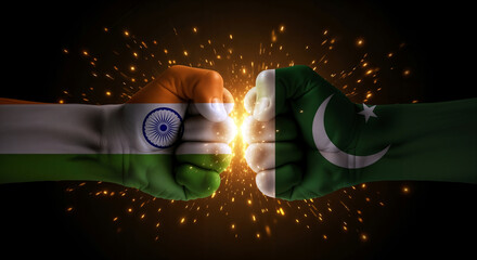 INDIA flag painted fist bumps into PAKISTAN flag painted fist powerfully with a glowing crash effect in a dark background with glowing ambers around. Broken Diplomacy Concept. War Tension.