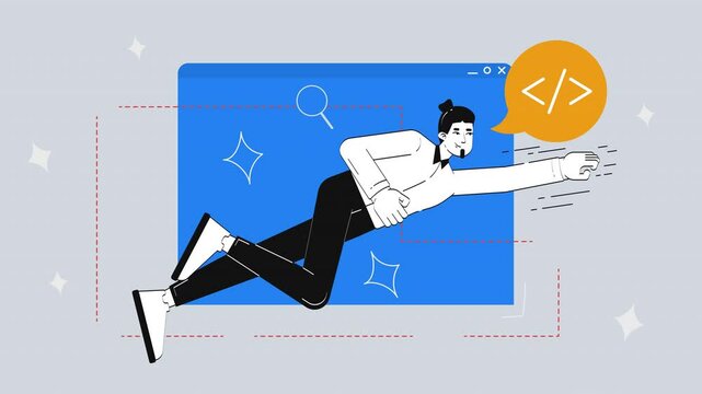 Superhero coder flying out browser window 2D animation concept. Freelance programmer superpower. Backend front end web developer hero animated cartoon flat metaphor creative 4K video stop motion