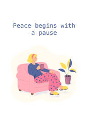 Minimalist illustration of a woman sitting in an armchair with a cup of tea, designed with a transparent background for easy integration into creative layouts. Ideal for self-care themes