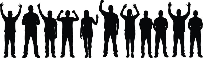 Group of people cheering, celebrating victory, standing silhouettes, male and female figures, hands raised, black vector art, joyful pose, teamwork illustration