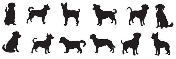 Dog silhouette sitting, jumping, run, with tail.  Dogs set silhouette on white background, isolated, vector. 