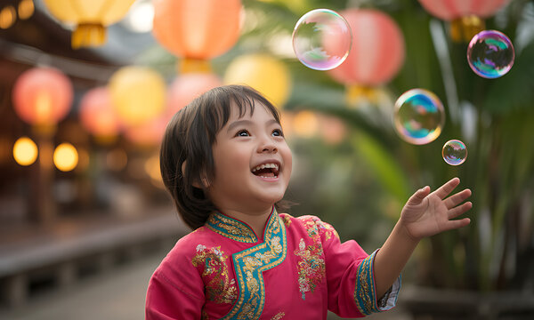 Happy Young Child Watching Colorful Soap Bubbles Outdoors with Red and Gold Lanterns