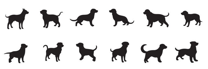 Dog silhouette sitting, jumping, run, with tail.  Dogs set silhouette on white background, isolated, vector. 